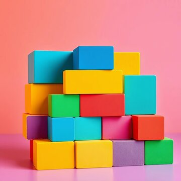 Brightly colored blocks stacked in a pyramid shape, toy storage, educational toys