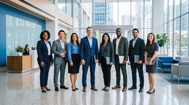 Seven diverse corporate executives wearing formal business suits standing confidently together holding portable electronic devices inside bright modern glass commercial building entrance lobby