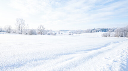 Obraz premium Vast empty agricultural field completely covered beneath thick white winter snow stretching towards distant frozen forest trees under light blue morning sky