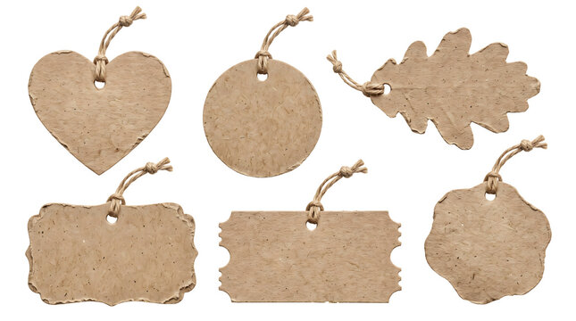 Set of various rustic cardboard gift tags with twine strings isolated on a white background