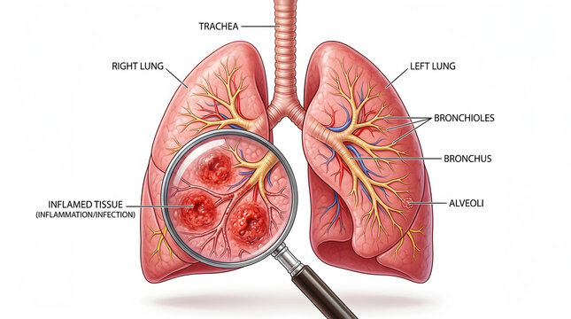Detailed illustration of human lungs with magnified alveoli and bronchial structure