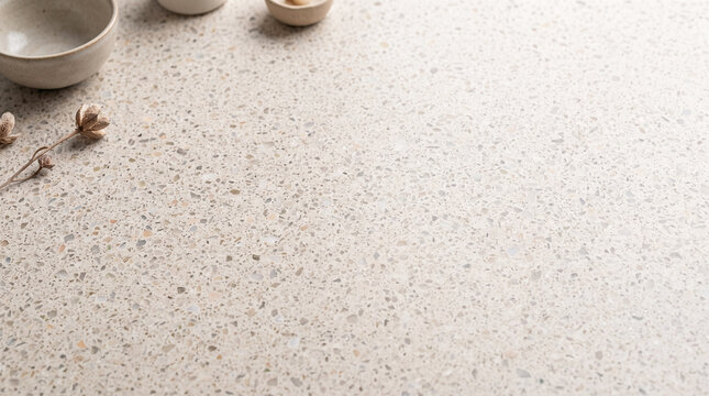 Smooth beige terrazzo stone countertop featuring small ceramic bowl alongside dried floral elements creating expansive blank empty copy space for product display