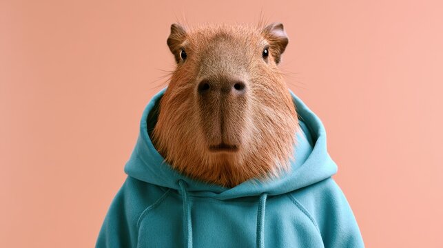 Funny exotic animal portrait featuring cute capybara wearing blue pink streetwear hoodie with hood against minimal solid peach background looking at camera. Humorous Pet Advertising. Gen Z Content