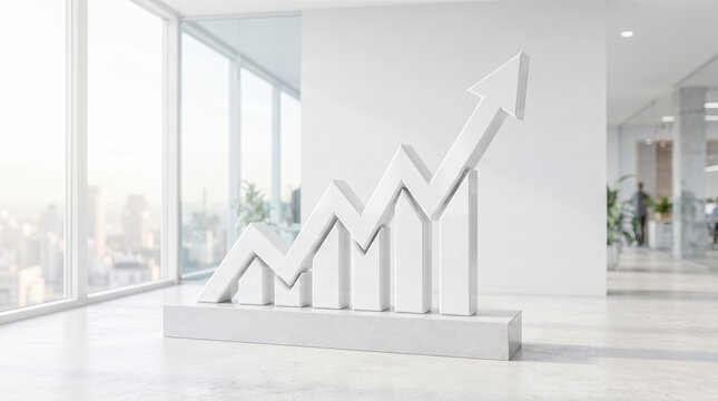 Upward pointing 3D graph showing financial growth and corporate success located inside bright modern business office interior with large windows during daytime