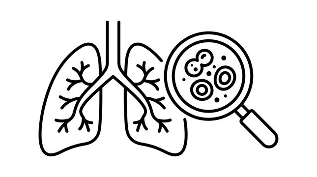 Lung anatomy illustration with a magnifying glass examining cells closeup