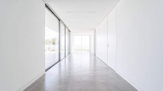 Long empty corridor featuring smooth concrete flooring and large glass doors running alongside blank walls inside modern architectural building