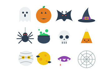 Fototapeta premium Collection of Halloween themed icons including pumpkin skull bat and witch hat for seasonal design projects