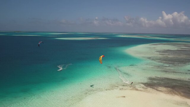 Aerial view of kitesurfing in Los Roques, Venezuela.