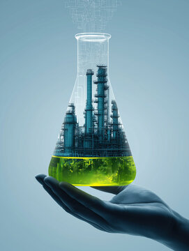 Hand holding glass laboratory flask containing oil refinery plant and glowing green bioenergy liquid.