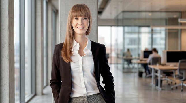 Confident, successful businesswoman in office. Portrait of happy adult woman smiling. Female entrepreneur standing in corporate workspace wearing business attire, blazer and white shirt.