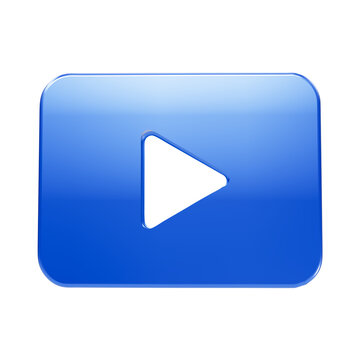 Glossy blue play button with rounded corners isolated on a plain black background