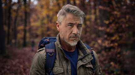 Portrait of senior man outing, walking in woods, hiking in autumn forest. Outdoor leisure activity....