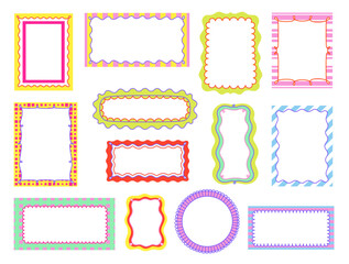 Fototapeta premium Set of decorative frames featuring wavy, swirling lines. Colorful, stylish frames with geometric patterns. Vector illustration.