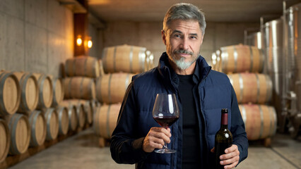 A middle-aged winemaker standing in modern wine cellar with glass and bottle in hand, tasting red...