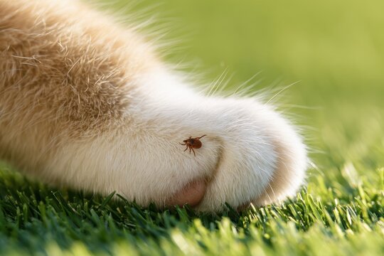 Dangerous parasitic tick crawling on furry domestic animal paw standing on green grass lawn outside. Tick is on a cat pet. Veterinary health risks, canine encephalitis threat and lyme disease concept.