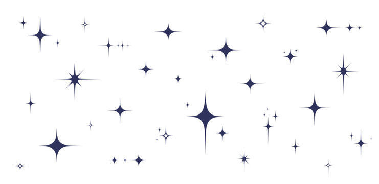 Shining stars of various shapes with rays light. Set of various decorative star symbols. Vector illustration.