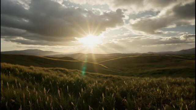 Sunlight breaks through clouds over rolling green hills and distant mountains