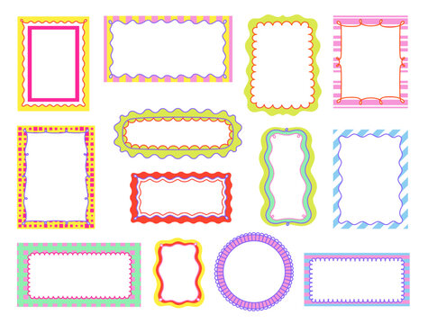 Set of decorative frames featuring wavy, swirling lines. Colorful, stylish frames with geometric patterns. Vector illustration.