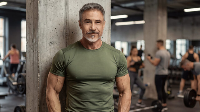 Portrait of muscular active senior man standing in gym, smiling. Happy sporty mid adult male during workout training. Healthy lifestyle, fitness in older age.  .