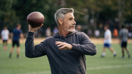 Middle-aged man in hoodie playing american football, throwing ball in city park. Gray hair,...