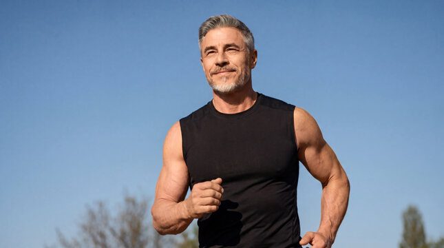Senior man running outdoor. Muscular male in 50s with gray hair, morning training routine. Outdoor workout for fitness, wellbeing, health. Healthy lifestyle, sport activity.
