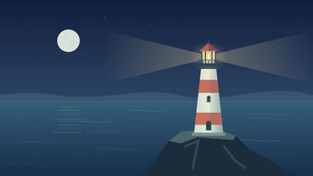 Animated vector lighthouse shining rotating beam at night sea