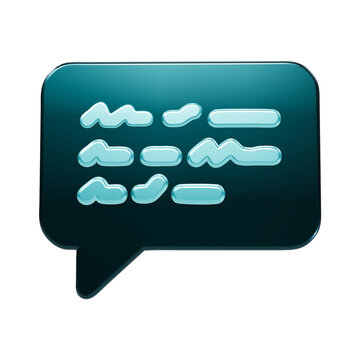Glossy teal speech bubble with abstract text lines on a transparent background