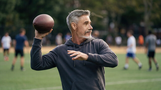 Middle-aged man in hoodie playing american football, throwing ball in city park. Gray hair, athletic man, recreational sports practice, active outdoor lifestyle, blurred players in background.