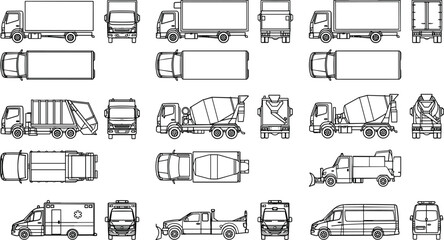 Commercial vehicle CAD blocks collection with box trucks mixers service vehicles ambulances and transport symbols © MDMOSRAFUL