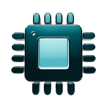 Metallic cyan and dark teal microchip processor isolated on a plain white background
