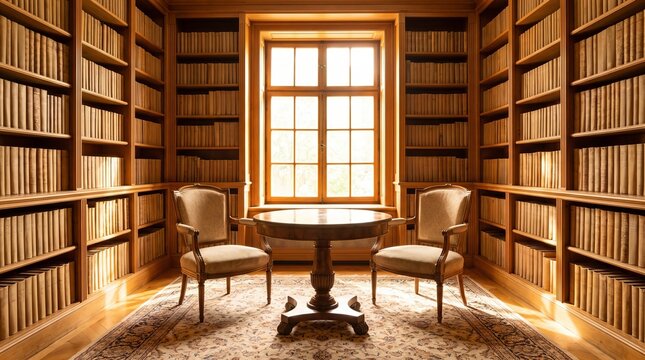 Sunlit cozy elegant home library with large window, bookshelves with books, suitable virtual meeting background