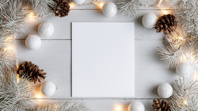 Christmas blank card on a rustic desk. White greeting card flay lay, top view with holiday decorations. Frame note mock up with space for text. Empty paper sheet. Seasons greetings. Template. Business