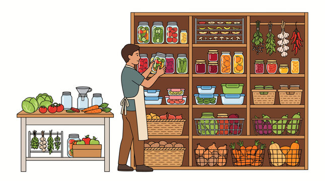 A man organizing jars and fresh vegetables in a home pantry kitchen storage area.