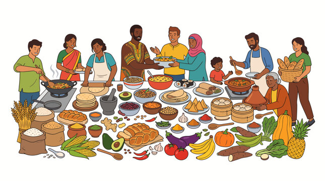 Diverse group of people cooking and preparing a variety of international foods together.