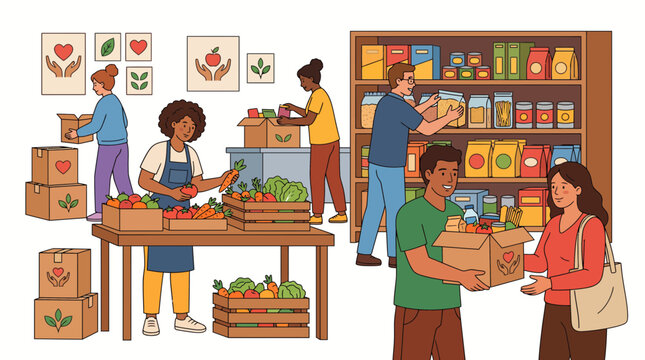Diverse group of volunteers working together at a community food bank donation center.