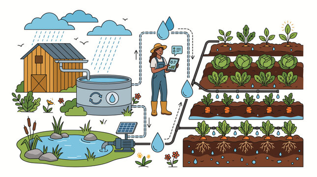 Illustration of a sustainable smart farm using rainwater harvesting and irrigation systems.