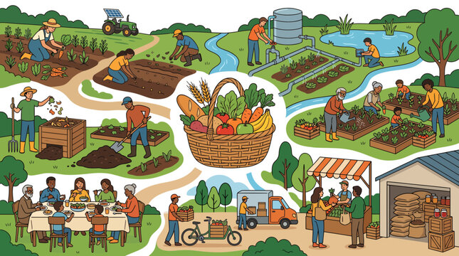 Illustration showing diverse community members working together on a sustainable organic farm and harvest market.