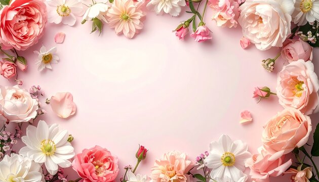 A beautiful arrangement of pink and white flowers framing a soft pink background, perfect for invitations or spring themes
