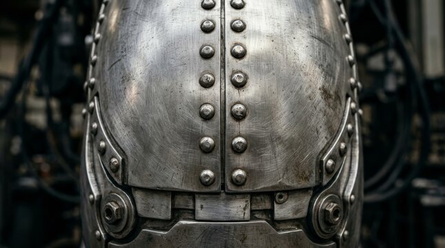 A close-up shot highlights a rustic robot helmet featuring a rust texture metal finish, showcasing detailed rivets and mechanical seams in an industrial workshop setting