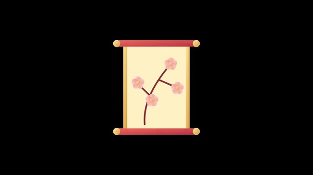 Asian Hanging Scroll Opening with Cherry Blossom Vector Animation