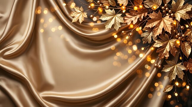 Elegant golden silk fabric background draped with metallic maple leaves and glowing bokeh lights for luxury autumn themes.