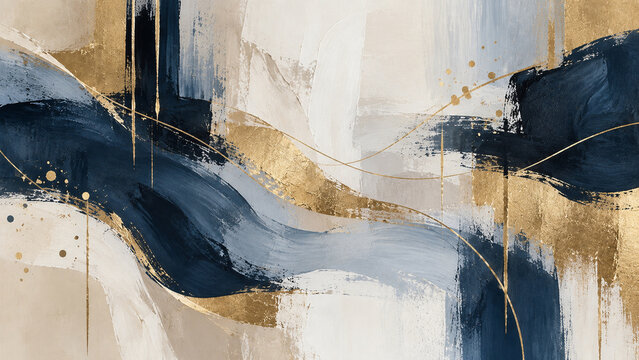 Elegant contemporary abstract painting featuring sweeping navy blue and gray brushstrokes, warm beige tones, rich gold accents, layered textures, flowing lines and expressive painted details. Ideal fo
