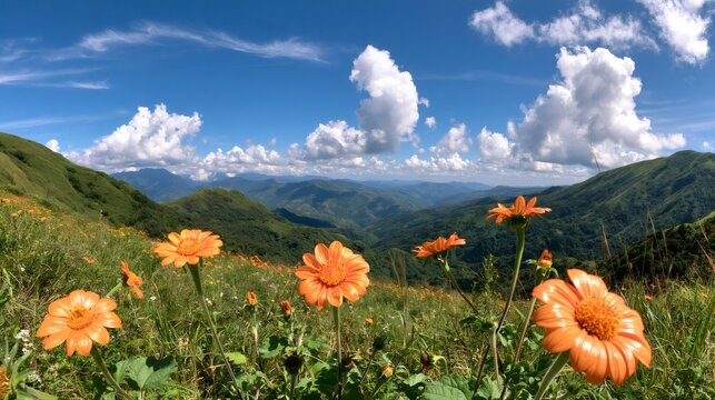 Orange flowers blooming on green mountain landscape under blue sky