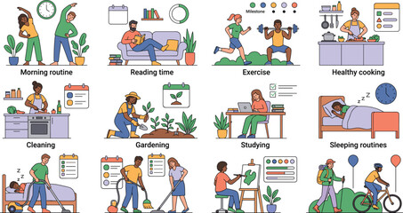 Fototapeta premium Healthy daily routine and self improvement habits vector illustration set featuring exercise gardening studying sleeping and domestic chores