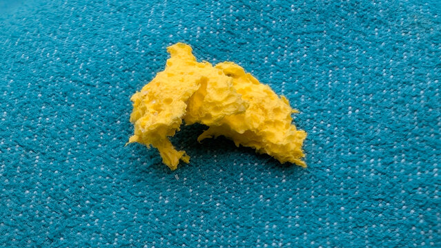 Close-up of a porous yellow sponge fragment placed on a teal woven carpet, highlighting contrasting colors and textures.