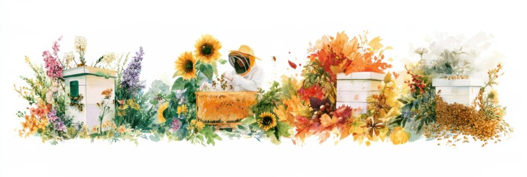 This artwork shows beekeeping through the seasons spring inspections, summer honey harvest, autumn prep, and winter clusters.