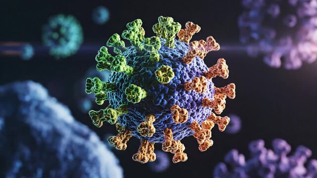 Detailed close-up animation of a coronavirus particle with spikes, a scientific 3D illustration