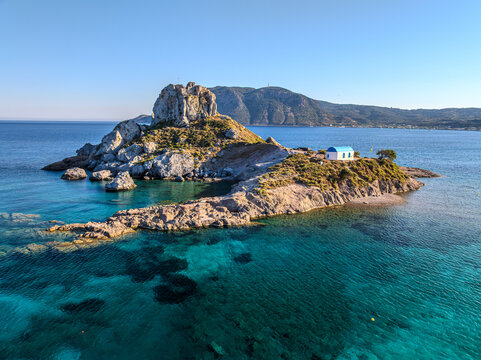 Aerial View of Kastri Island and Agios Nikolaos Church in Kefalos, Kos