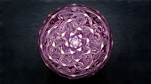 Cross section of red cabbage showing beautiful natural mandala pattern