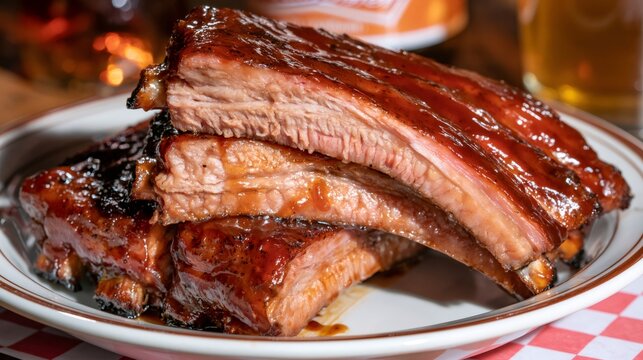 Stacked barbecue pork ribs with savory sauce